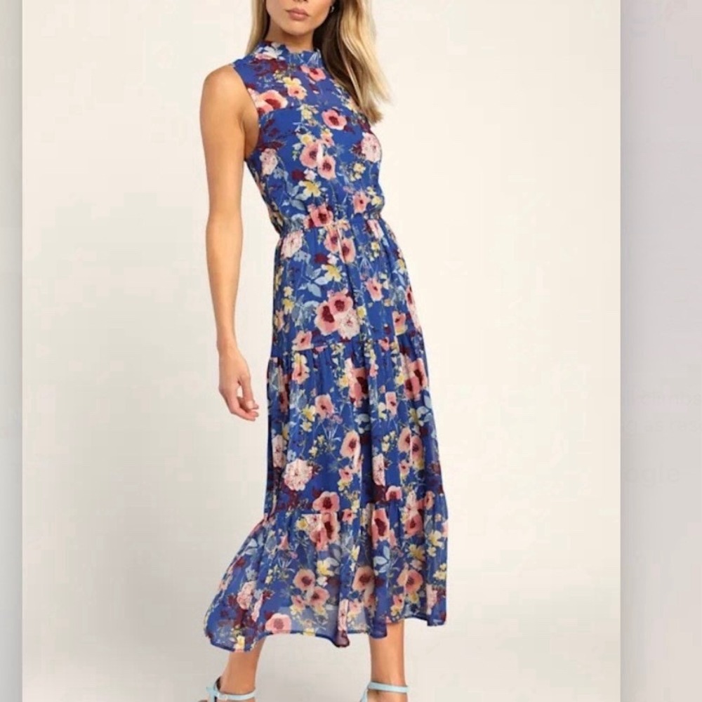 Lulus In My Dreams Blue Floral Sleeveless Chiffon Midi Dress LARGE Wedding